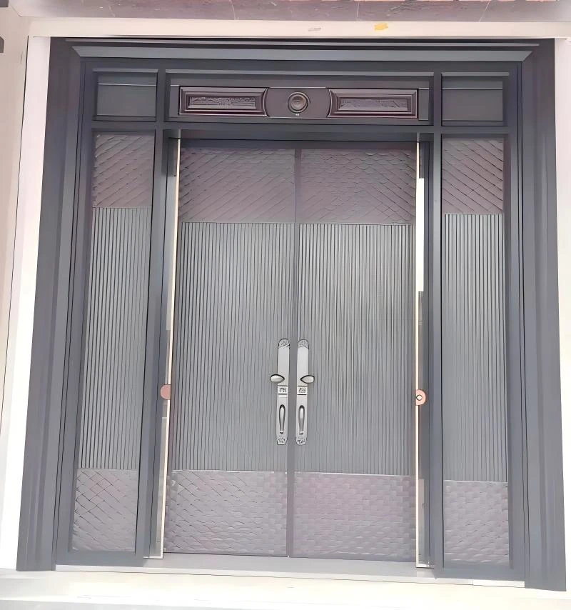 Aluminum door with vertical grooves and bronze accents