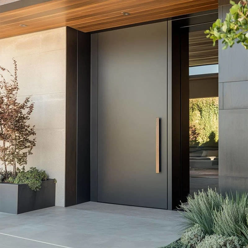 Black aluminum pivot door with matte finish and vertical handle