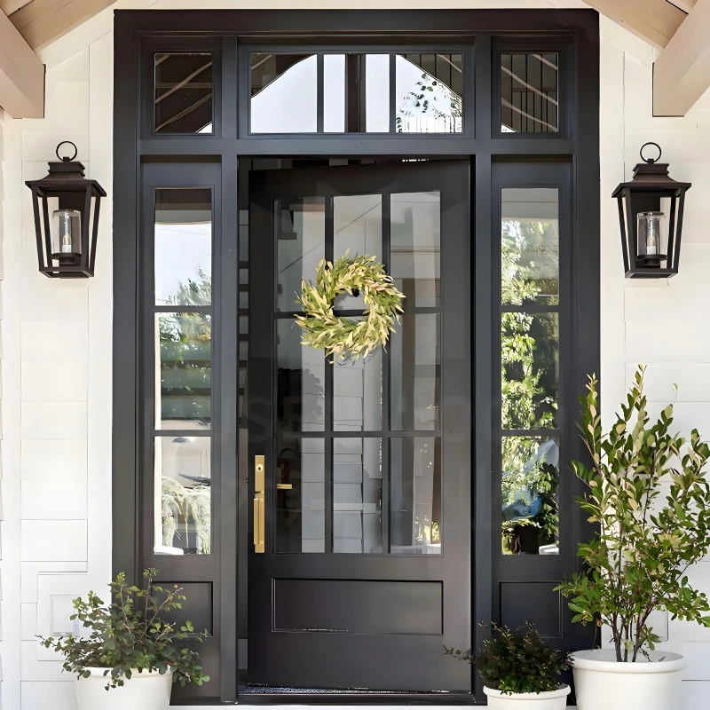 Floor-to-ceiling aluminum entry door with glass panels