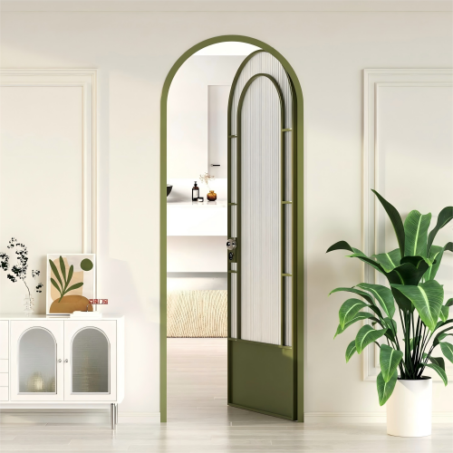 French wooden door with tempered glass panel open cyan