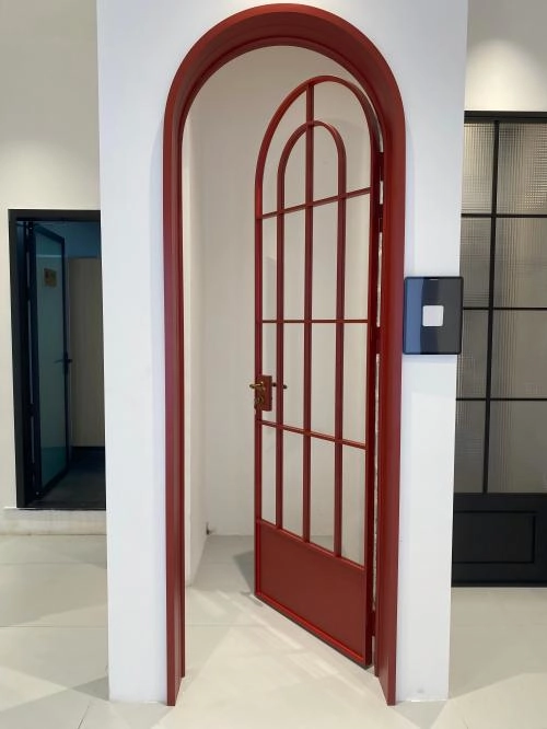 French wooden door with tempered glass panel open