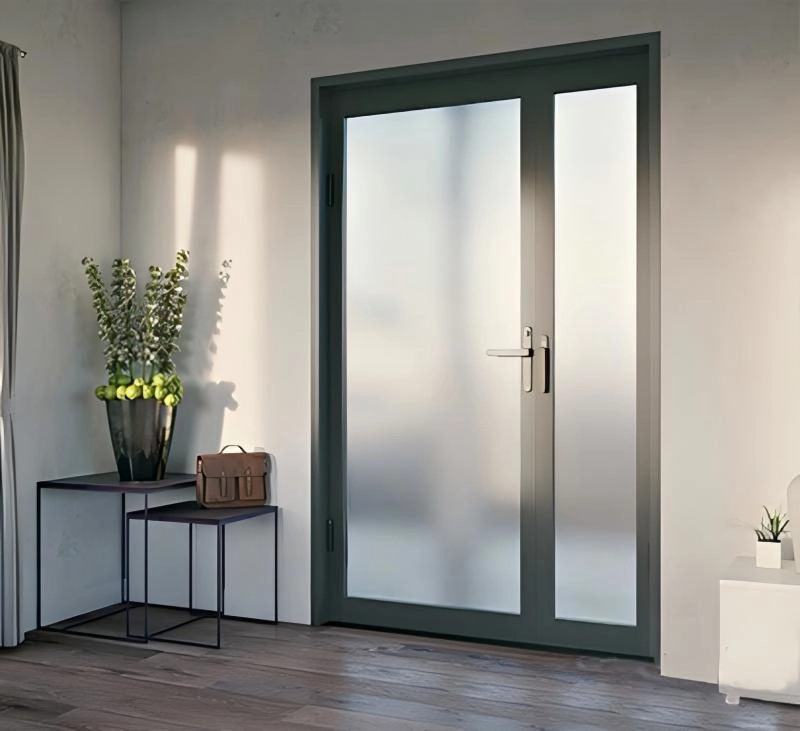 Full-glass aluminum entry door with black frame