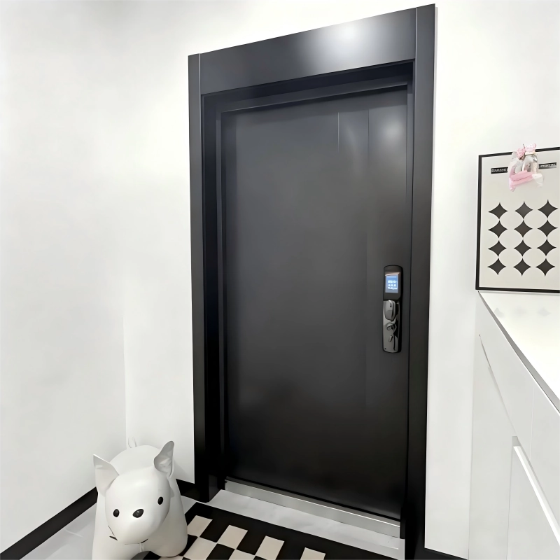 Matte finish aluminum entry door in graphite