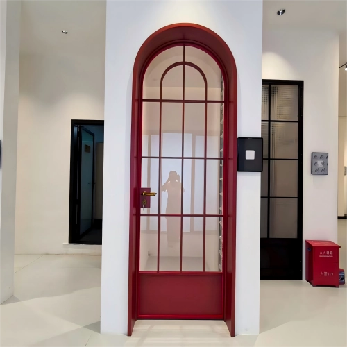 Red French wooden door with tempered glass panel