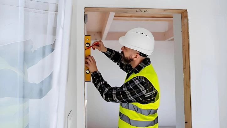 A worker is measuring the vertical height of the side of the door frame.
