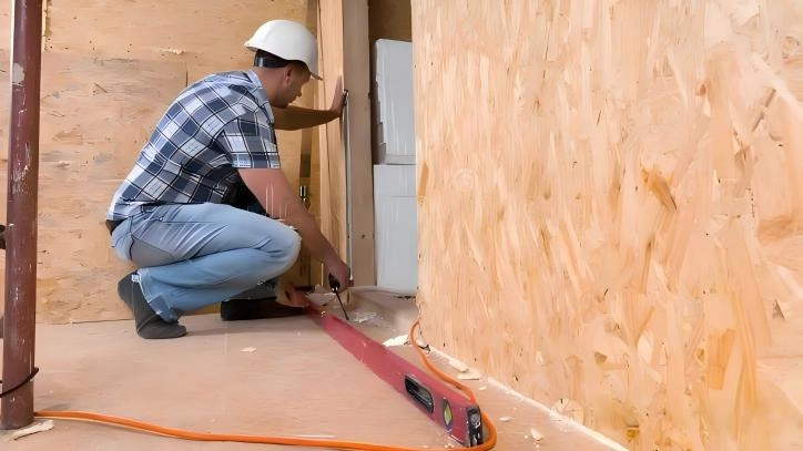 A worker is measuring the width of the bottom of the door frame.