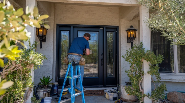 An American homeowner is replacing a black aluminum glass front door