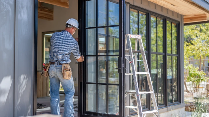 An American worker is about to complete the installation of the front door.