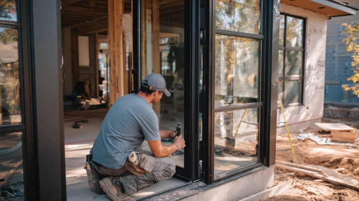An American worker is installing a black aluminum glass front door on a house