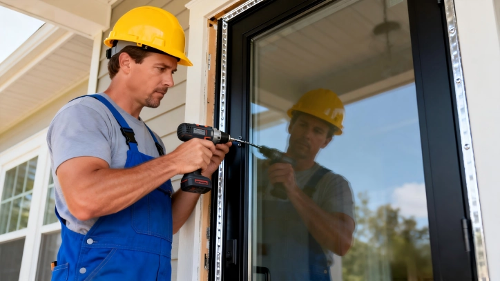An American worker is installing an aluminum-framed glass entry door.