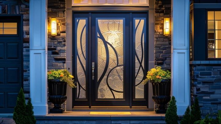 Custom aluminum entry door with triple-glazed decorative glass panels illuminated at dusk