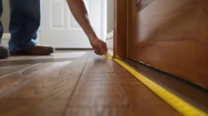 Measure the width of the bottom of the door frame using a tape measure.
