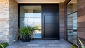 Modern black aluminum pivot entry door with frosted glass panels installed at contemporary home entrance