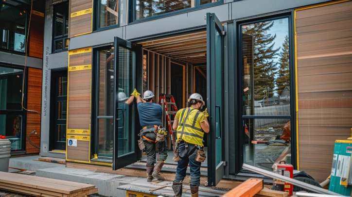 Professional installation team fitting custom aluminum entry door into modern home exterior