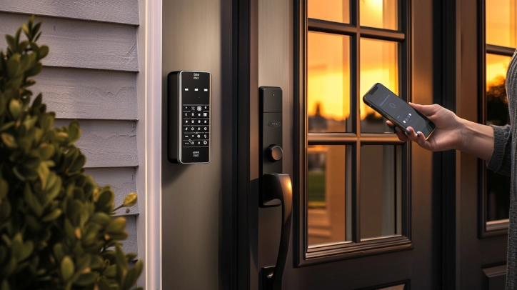 Smart lock aluminum door with keypad and biometric access, showing modern keyless entry options