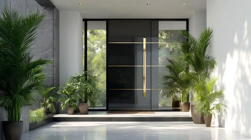 The entrance is a black high-gloss aluminum door.