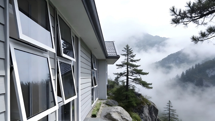 White uPVC awning window with top-hinged opening mechanism and multi-point locking system