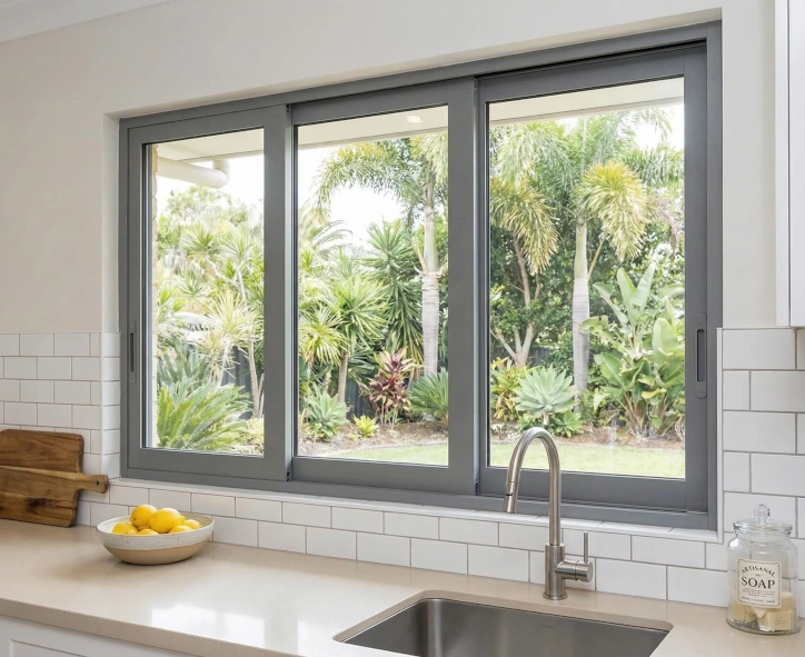 black framed upvc sliding window installed in kitchen
