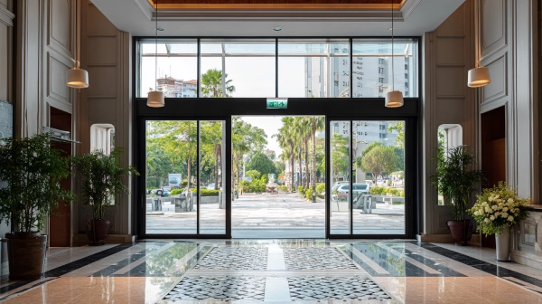 The automatic glass door at the entrance of the hotel