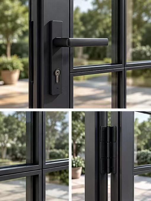 Black aluminium single French door with door handle and door hinges