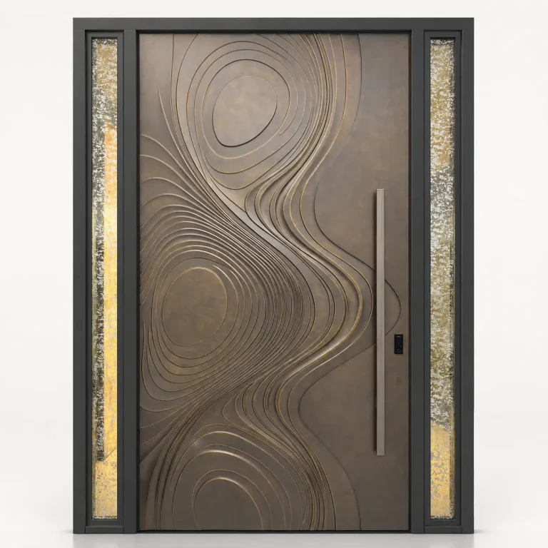 3D Carved Solid Wood Entry Door with Aluminum Frame and Glass Sidelites