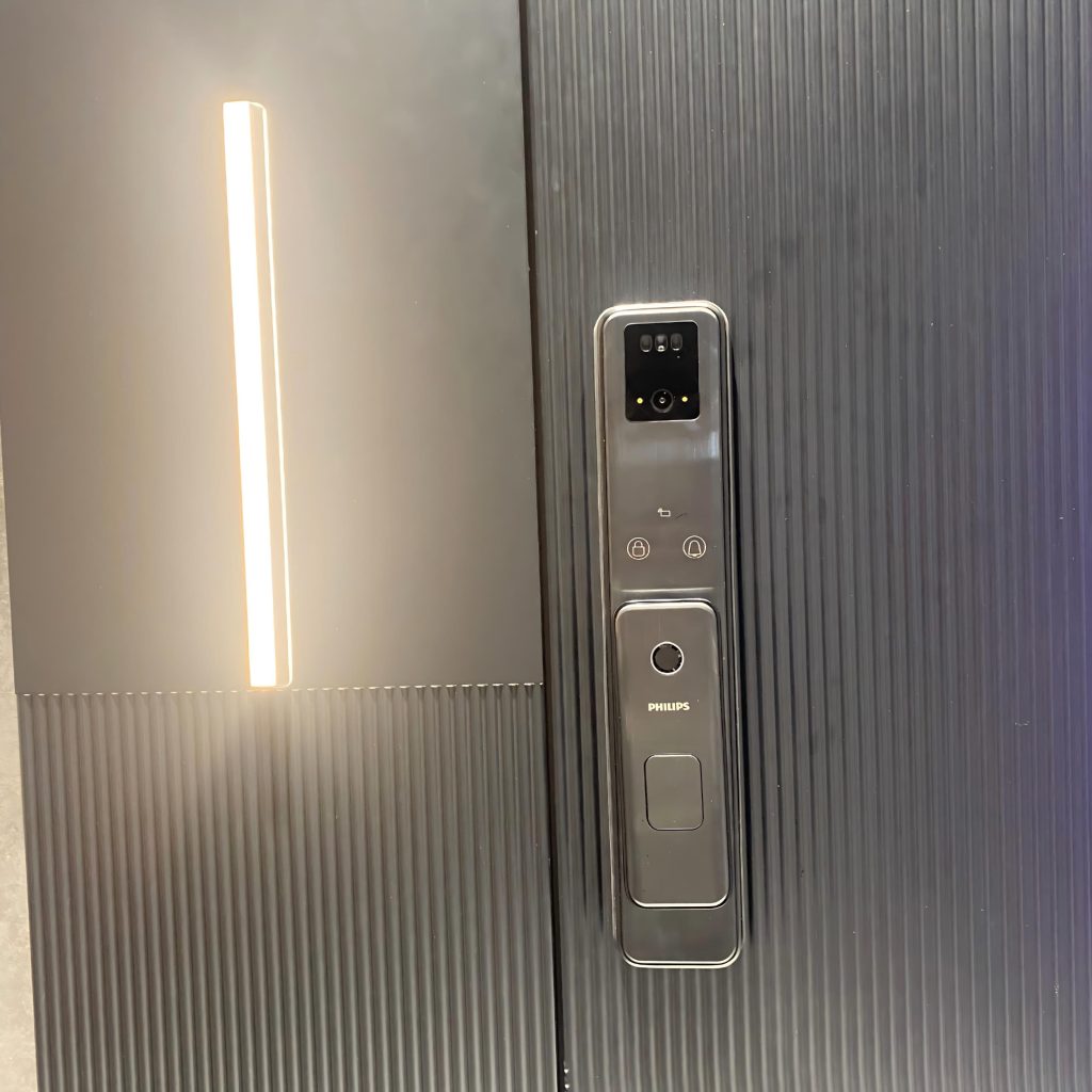 black aluminum entrance door smart lock