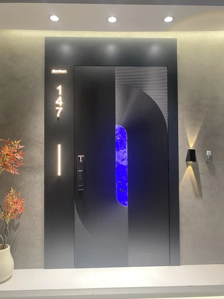 black aluminum entrance door with LED lighting and smart lock