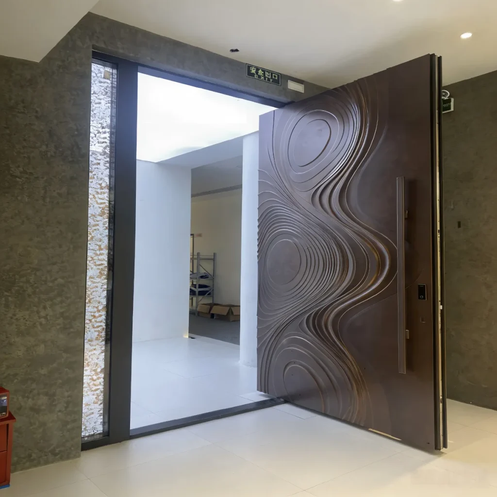open wooden pivot door modern entrance