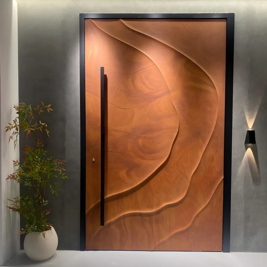 pivot front door with 3D relief wood panel and black aluminum frame