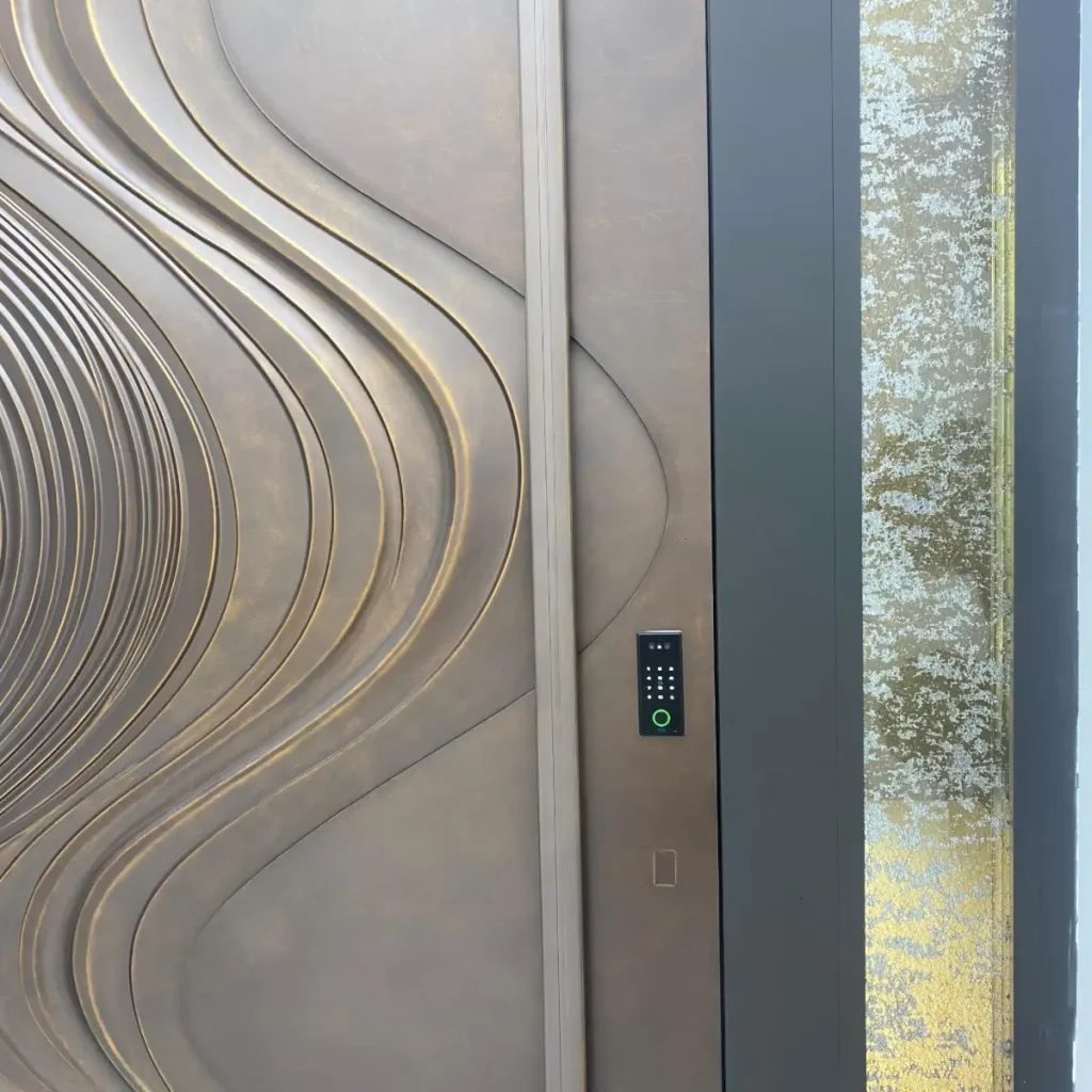 wooden pivot door 3d carved panel smart lock