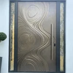 wooden pivot door with glass sidelites