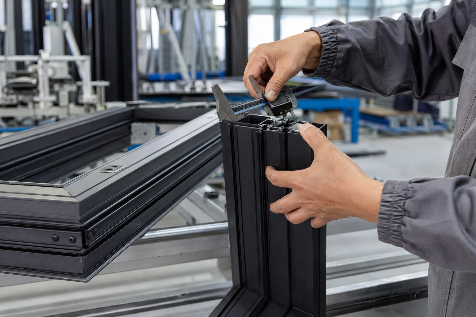 Quality inspector measuring a thermal-break aluminum window frame in a modern manufacturing facility