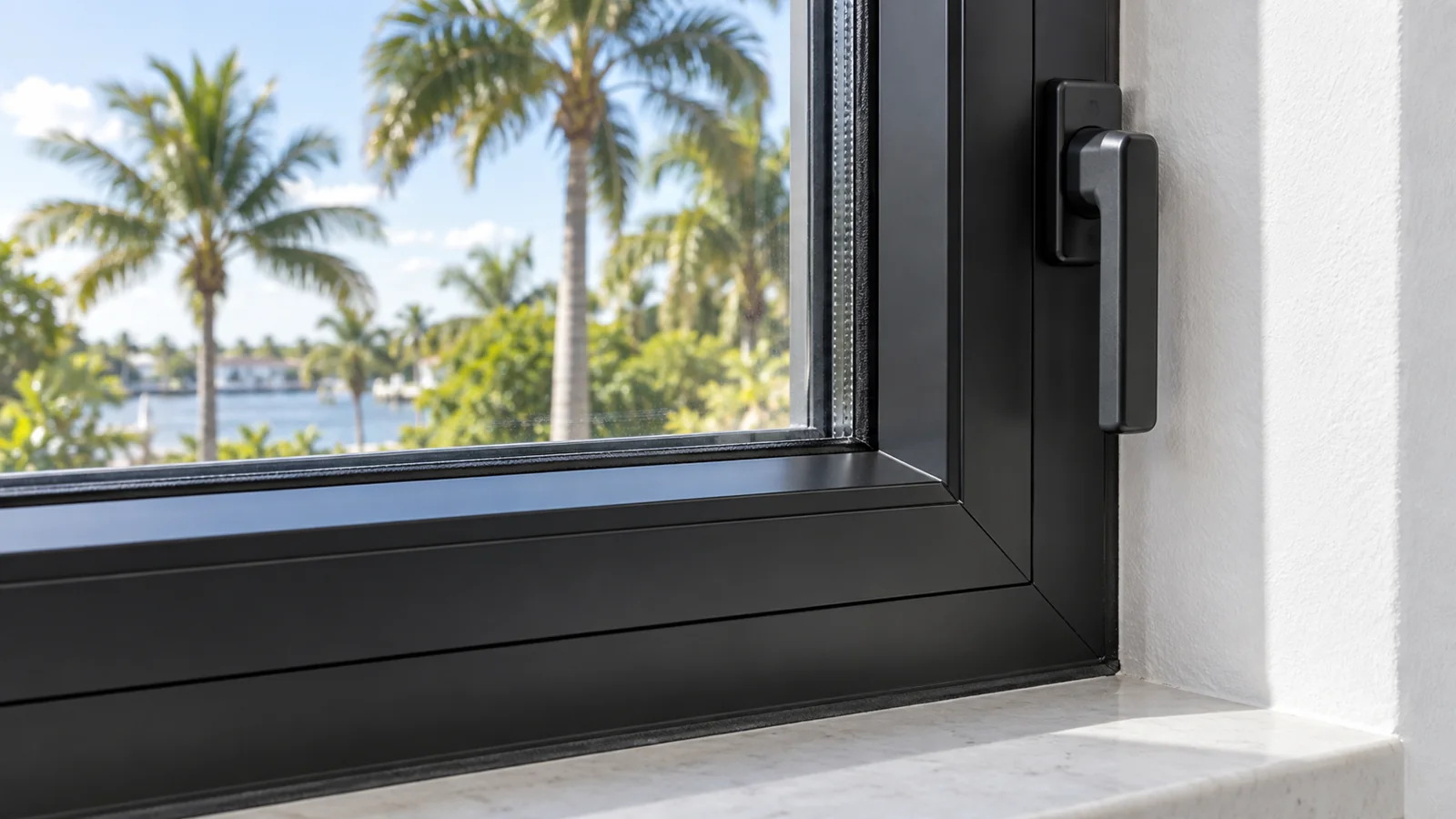 Close view of a closed aluminum window corner, gasket and handle