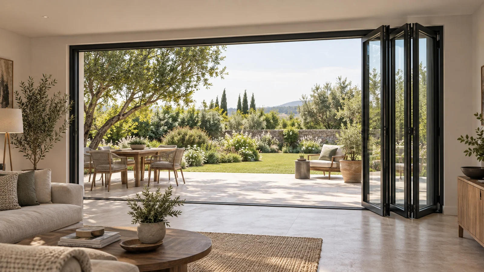 Black framed folding glass panels gathered beside an open garden doorway