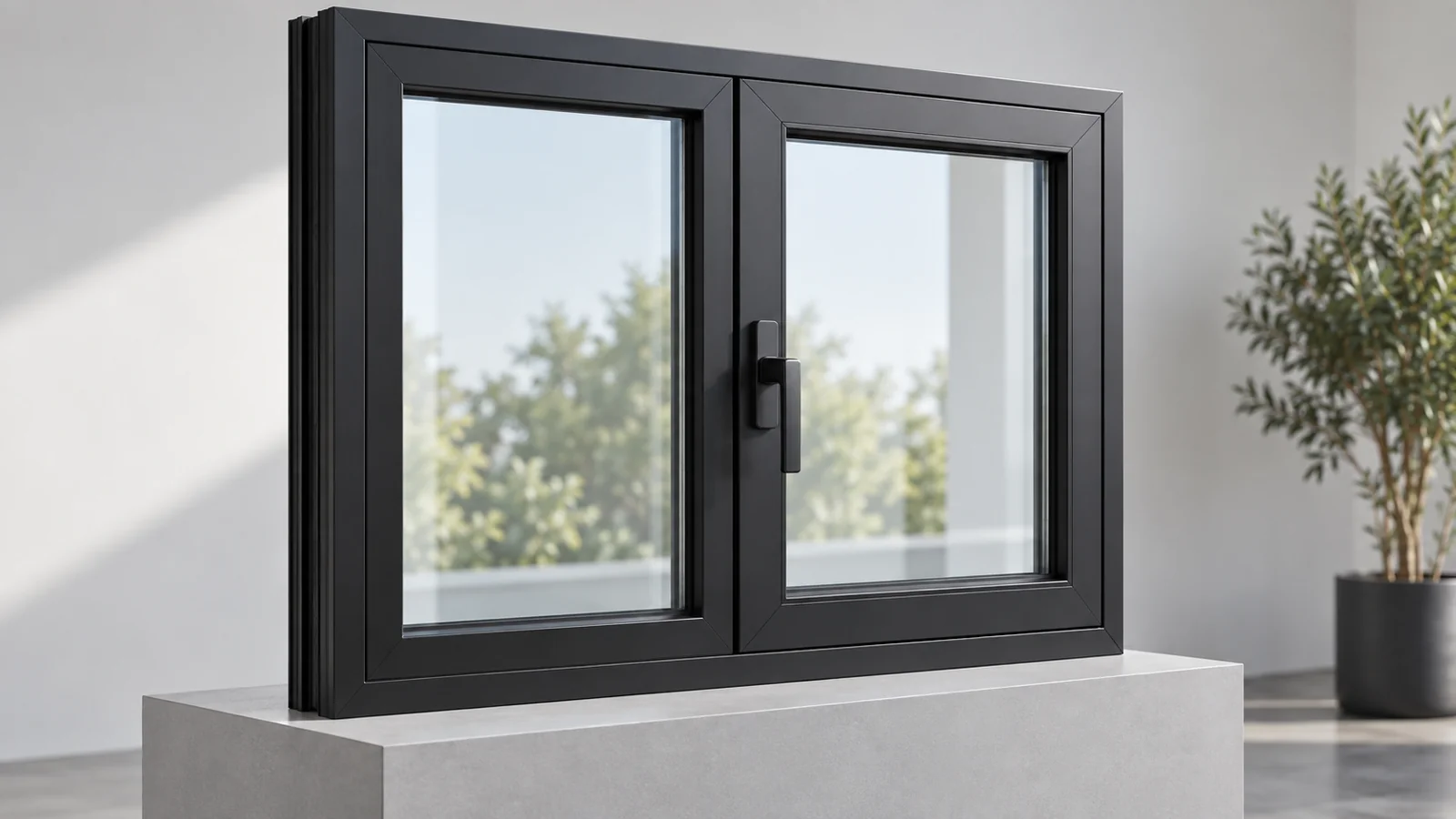 Aluminum window sample with visible glazing, frame and locking handle