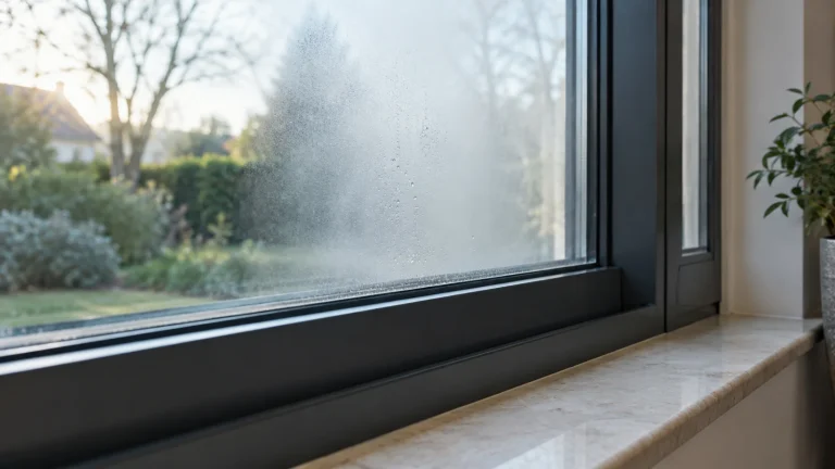 Hazy glazing in a dark aluminum window frame above a dry stone sill