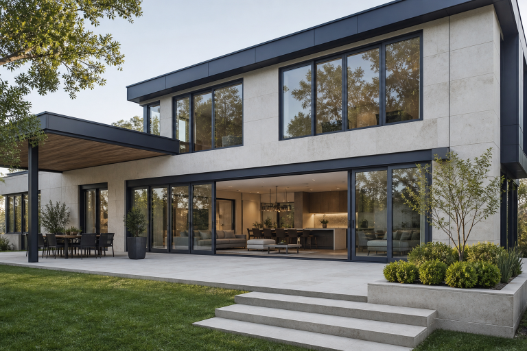 Custom thermal-break aluminum windows and sliding doors installed on a modern villa