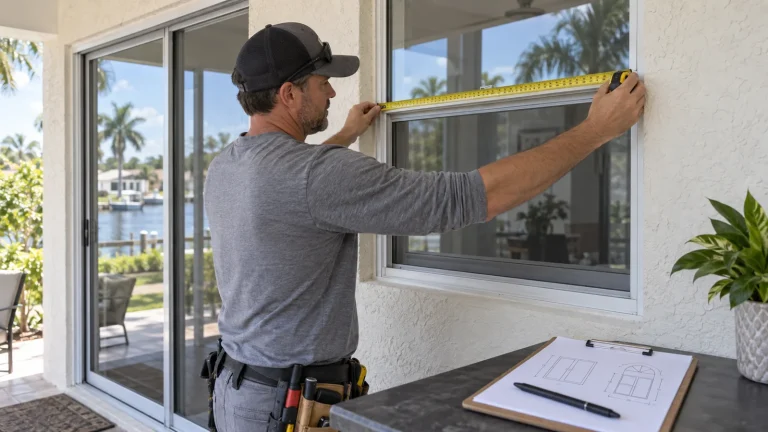 Installer measuring a window opening beside a sliding glass door