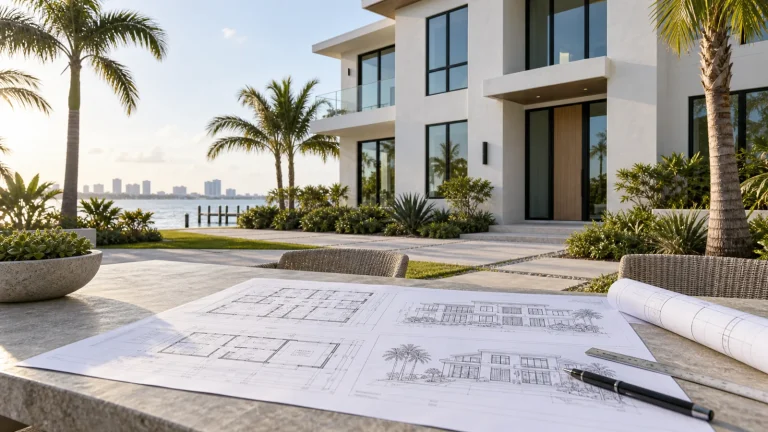 Coastal Florida-style house with aluminum windows and architectural drawings