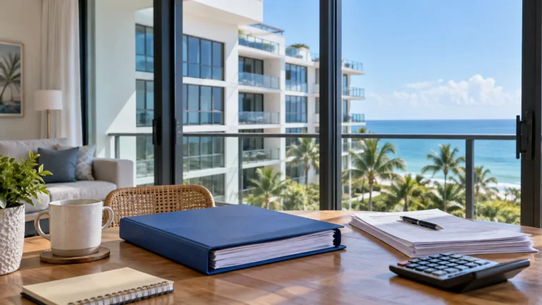 Condo windows overlooking a waterfront building beside a folder and calculator