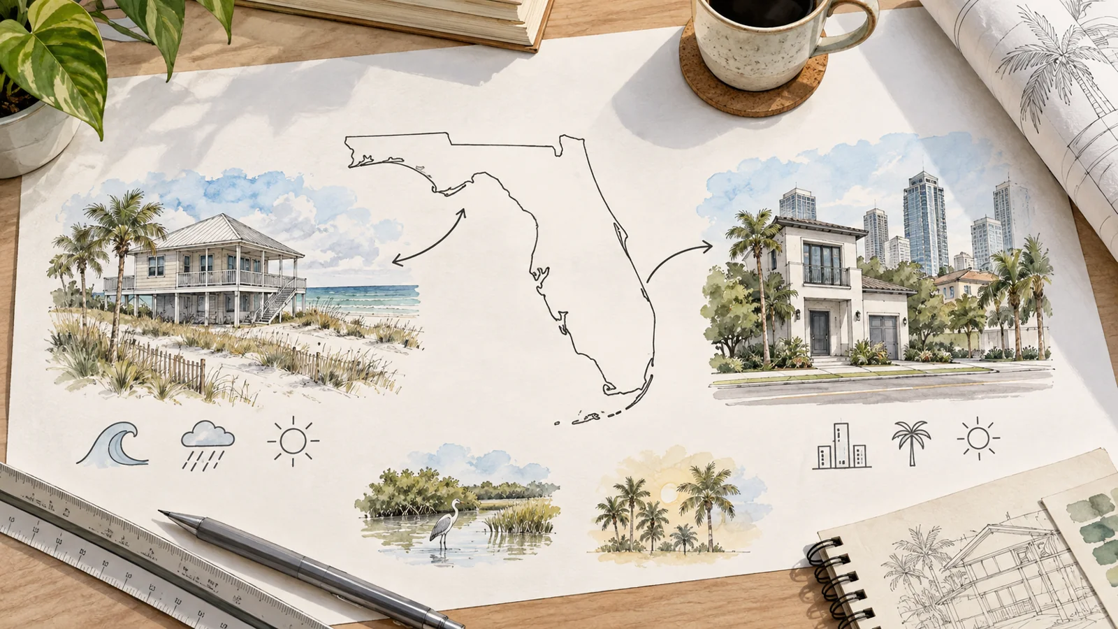 Florida outline on a planning sheet beside coastal and urban house sketches