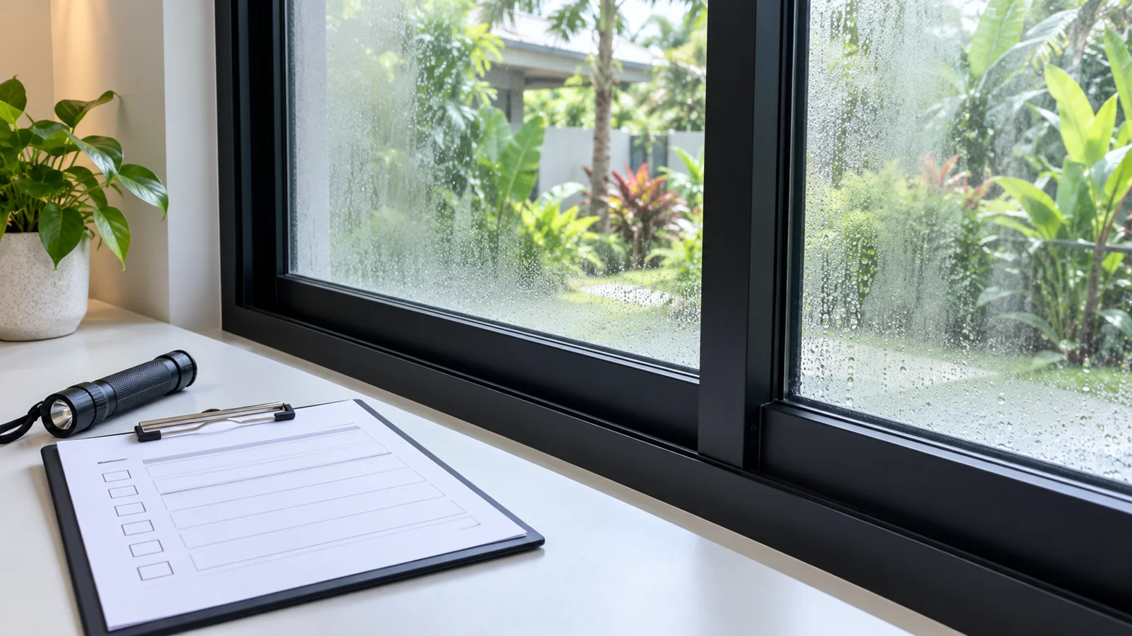 Misty aluminum window beside a clipboard and inspection flashlight
