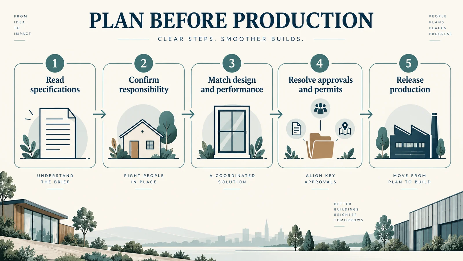 Five-step planning sequence from reading specifications to releasing window production.