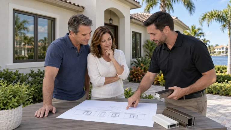 Homeowners and a window consultant compare frame finish samples and drawings outside a Florida-style house.