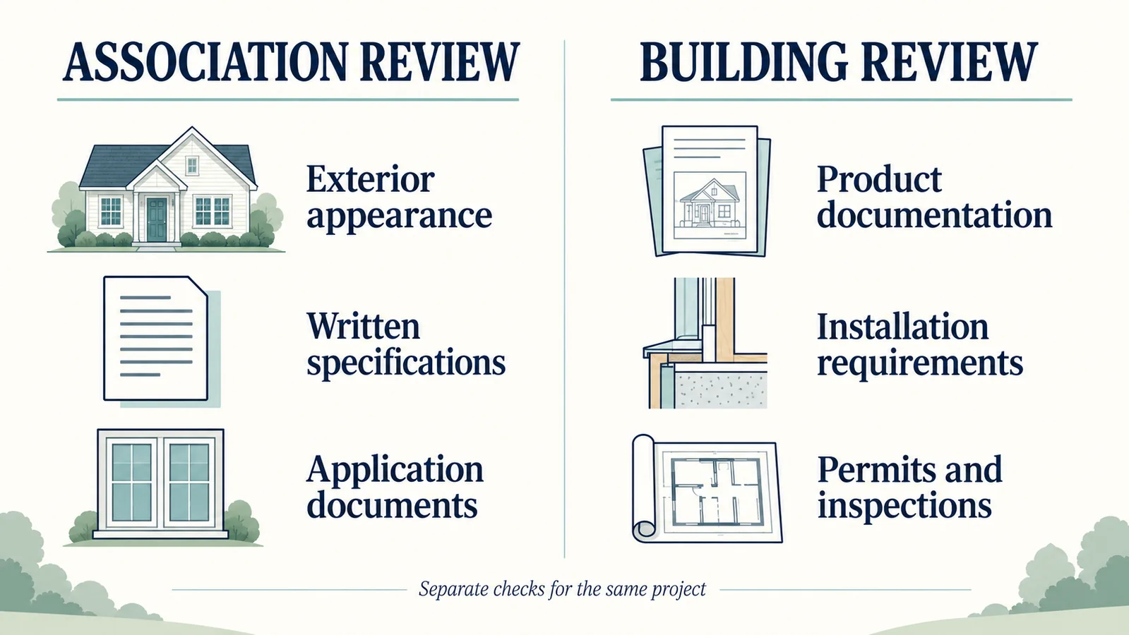 Two columns list association review and building review requirements for a window project.