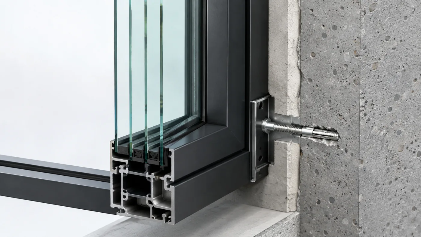 Impact window design pressure concept showing aluminum frame, layered glass and wall anchor