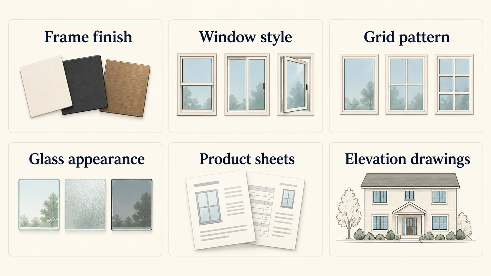 Six illustrated cards show frame finish, window style, grid pattern, glass appearance, product sheets and elevation drawings.
