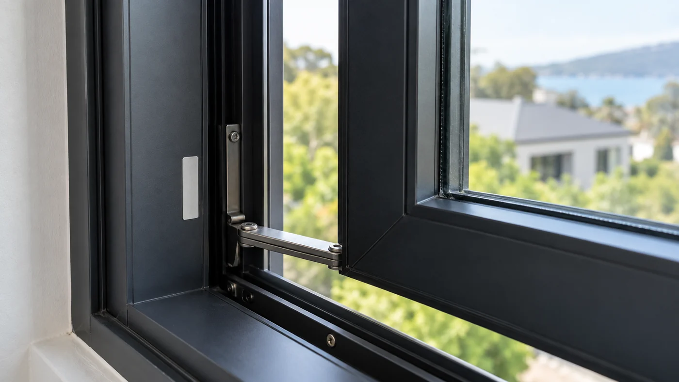 Plain identification label beside the hinge of an open aluminum window