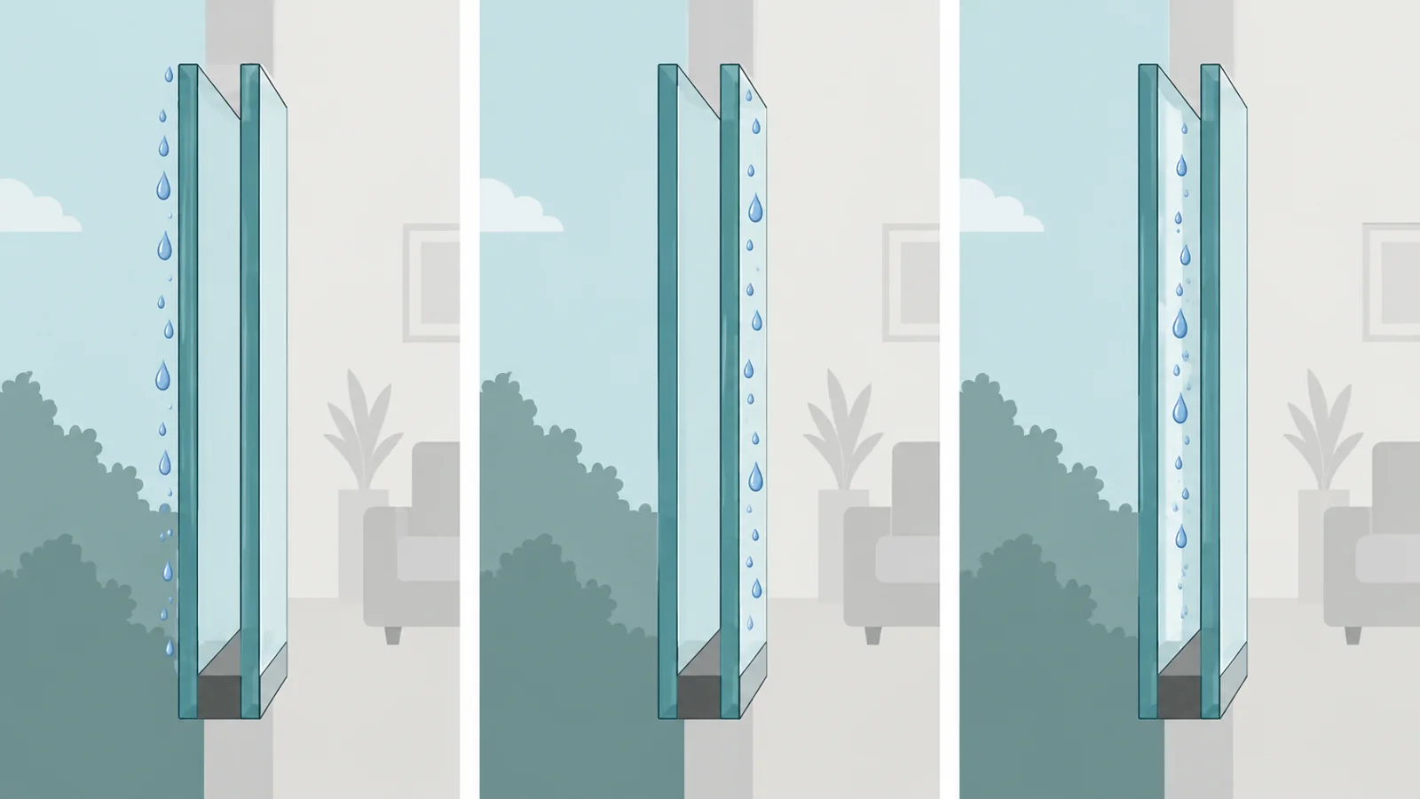 Three schematic panels showing moisture on exterior, interior and between-pane surfaces