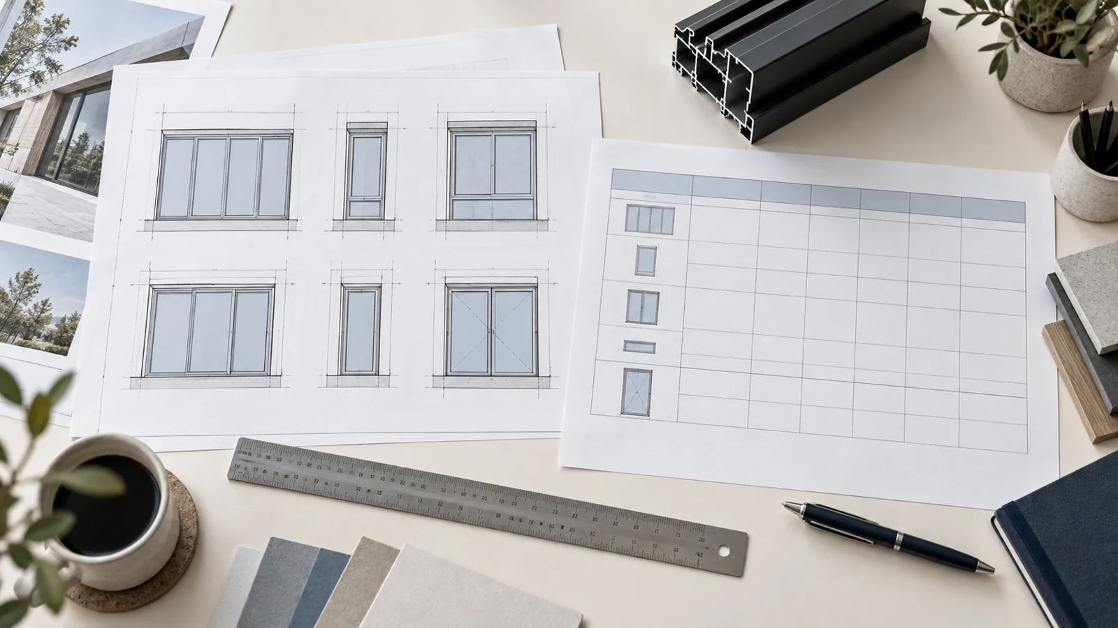 Window drawings, schedule grid and aluminum profile sample on an architect desk